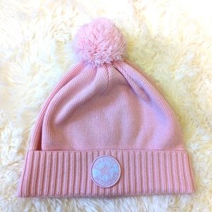 Pink pompom-embellished merino wool-blend beanie by perfect moment
